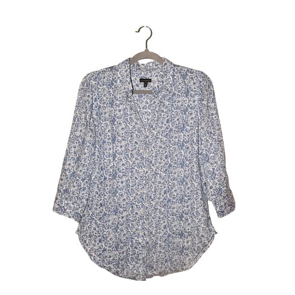 TALBOTS $79 Blue White Floral 3/4 Sleeve Button Down Linen Top XS - Picture 1 of 4